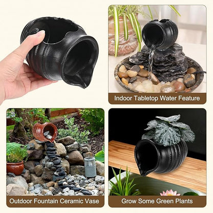 M METERXITY Ceramic Garden Fountain Spitter, Clay Pot Ecological Tank for Pond/Backyard Water Feature/Cave Waterfall/Landscaping, DIY Water Flow Jar Hydroponic Vase [5.5in, Matte Black]