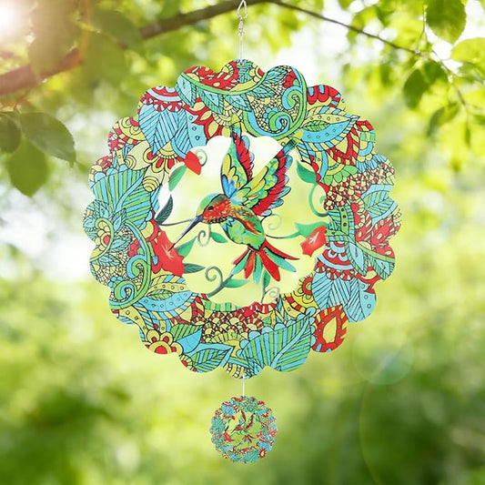 3D Hummingbird Wind Spinner Outdoor Garden Decor, 12 Inch, Stainless Steel Metal Hanging Sculpture for Patio Yard