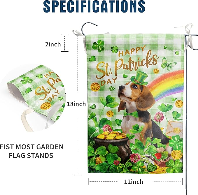 Beagle St Patricks Day Garden Flag Dog St Patrick's Day Yard Flags for Outside 12x18 Double Sided Buffalo Plaid Shamrock Flag Small Outdoor Rainbow St Patrick's Decor