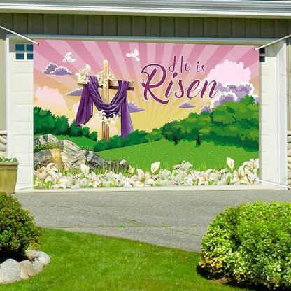 Large He is Risen Easter Banner Decorations Flag Outdoor 72x44 Inch, Cross Sign Christian Jesus Lily Flowers Banner for Indoor Home House Decor Party Supplies, Spring Yard Sign Background for Photography