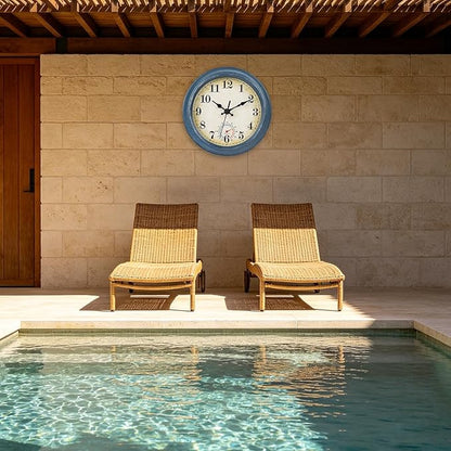 Outdoor Clocks Waterproof with Thermometer Combo Rustic Coastal Beach Wall Clock Decor for Bathroom Patio Pool (8 Inch,Blue)