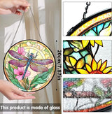 Bimkole Dragonfly Stained Glass Suncatcher Window Hanging - Flowers Design for Indoor Window or Doorway Decoration - 7.87x7.87 inch with Chain and Hook - Unique Home Decor Gift