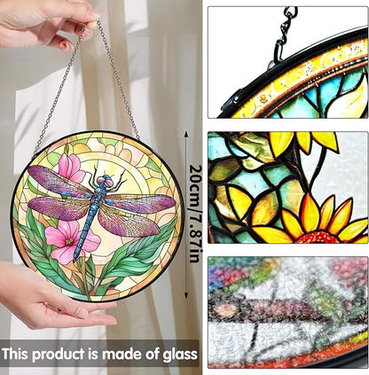 Bimkole Dragonfly Stained Glass Suncatcher Window Hanging - Flowers Design for Indoor Window or Doorway Decoration - 7.87x7.87 inch with Chain and Hook - Unique Home Decor Gift