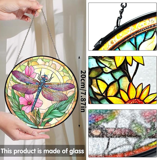 Bimkole Dragonfly Stained Glass Suncatcher Window Hanging - Flowers Design for Indoor Window or Doorway Decoration - 7.87x7.87 inch with Chain and Hook - Unique Home Decor Gift