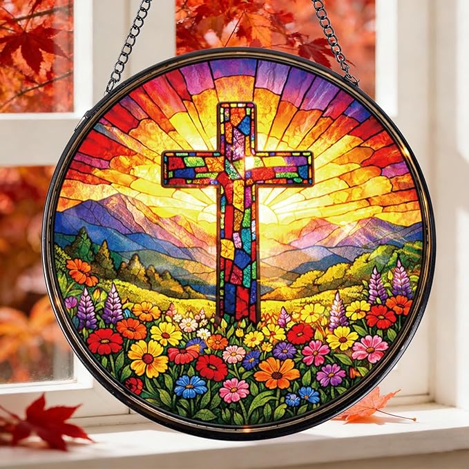 Rngmsi Stained Glass Window Hanging, 7.8″ Cross Christian Sun Catchers with Hook Indoor Window Decor, Decorative Suncatchers Hanging Ornaments Home Garden Art Gift for Housewarming