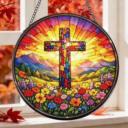 Rngmsi Stained Glass Window Hanging, 7.8″ Cross Christian Sun Catchers with Hook Indoor Window Decor, Decorative Suncatchers Hanging Ornaments Home Garden Art Gift for Housewarming