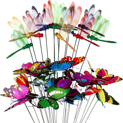 48 Pcs 3D Dragonfly Butterfly Garden Decor Dragon Fly Butterfly Garden Stakes with Sticks Colorful Butterflies Dragonflies Yard Art Ornaments for Indoor Outdoor Planter Pot Pathway Patio Decoration