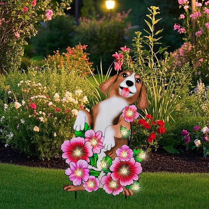 WONDER GARDEN Decorative Garden Stakes - Lighted Dog and Flower Yard Sign Stakes Spring Signs for Outdoor, Porch, Yard,Flower Bed Decor (Battery Operated)