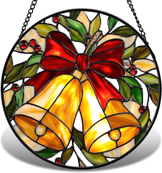 Golden Bell Stained Glass Suncather for Window Hanging, 6.3'' Christmas Ornament Gift for Women, Festive Wall Art Home Decoration Xmas Gift for Mom, Grandma (Golden Bell, 6.3'')