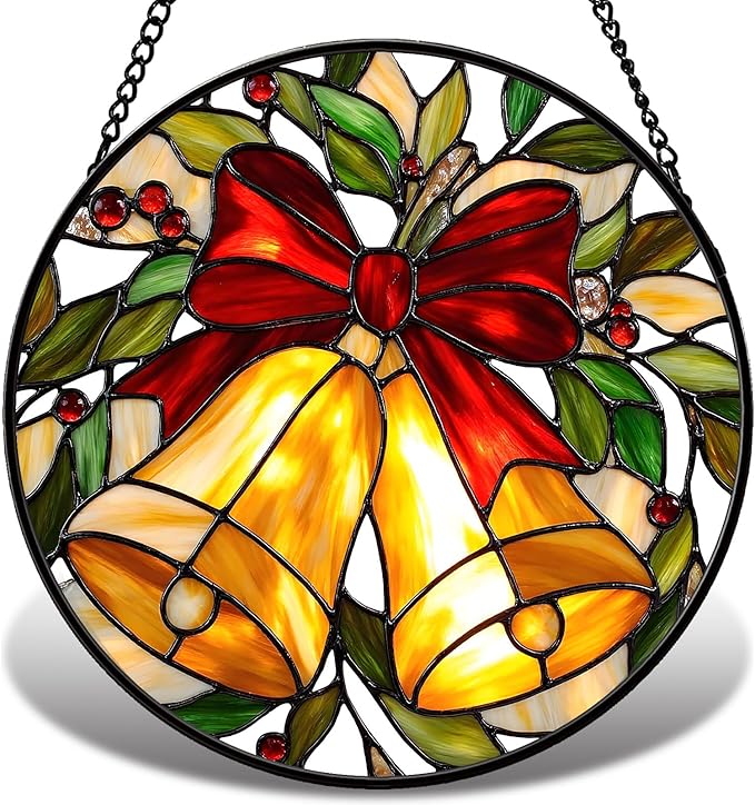 Golden Bell Stained Glass Suncather for Window Hanging, 9'' Christmas Ornament Gift for Women, Festive Wall Art Home Decoration Xmas Gift for Mom, Grandma (Golden Bell, 9'')