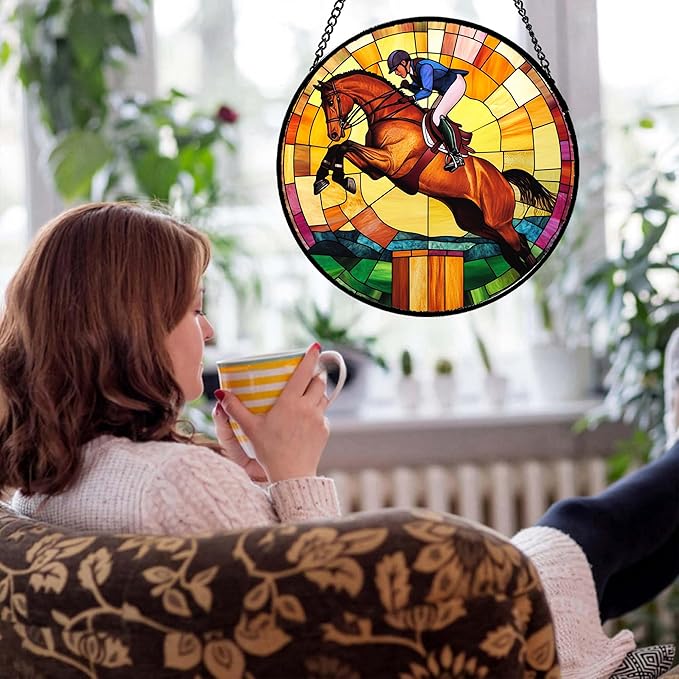 DASTOLL Stained Glass Window Hanging Equestrian Sports Large 15" - Horse Suncatcher Door Garden Sunroom Sun Catcher Home Decor Birthday Christmas for Mom Men Woman Nana