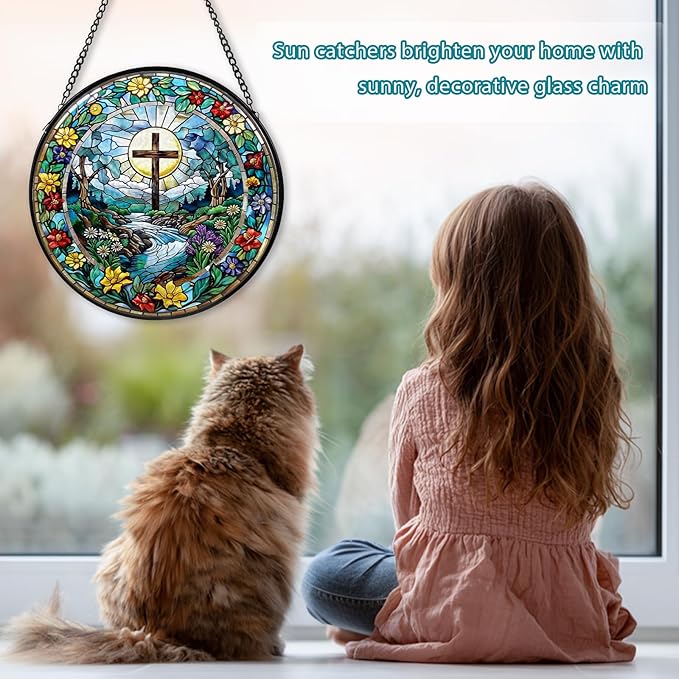 Cross Stained Glass Window Hanging, Wildflower Suncatcher Diamond Glass Panel Hangings, Sun Catchers Indoor Windows Wall Art Decor, Pastor Christian Gift, Christmas Decor for Home Office 7.87 inches
