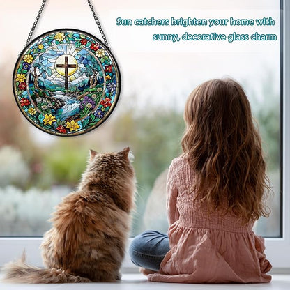 Cross Stained Glass Window Hanging, Wildflower Suncatcher Diamond Glass Panel Hangings, Sun Catchers Indoor Windows Wall Art Decor, Pastor Christian Gift, Christmas Decor for Home Office 7.87 inches
