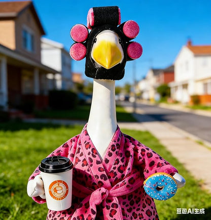 Lady Porch Goose Outfits, Spring Summer Goose Clothes Costume with Pink Leopard Bathrobe for 23/28" Lawn Cement Geese for Garden