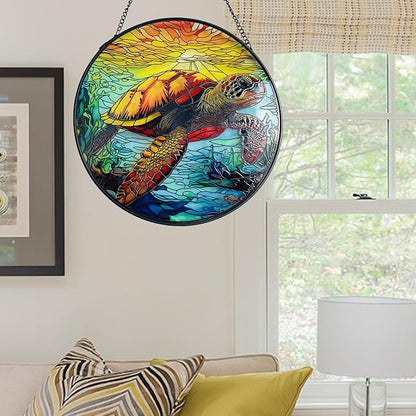 RIVEENY Sea Turtle Glass Window Hanging,8" Sea Turtle Decor Sun Catchers,Stained Glass Sun Catcher Hanging Decoration with Metal Chain,Sun Catchers for Window Decor Outdoor Garden Decor