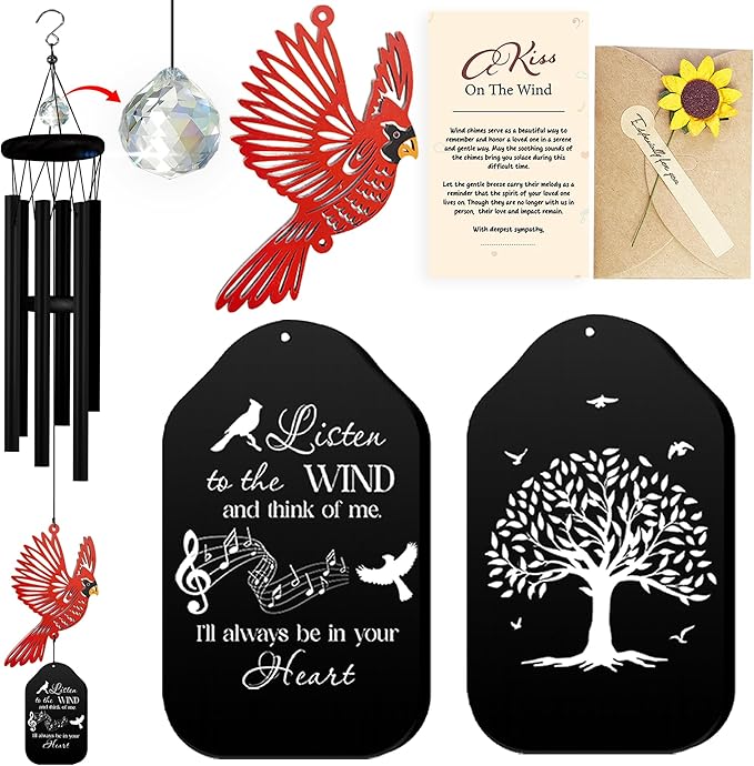 30'' Memorial Crystal Wind Chimes Loss of Mom Dad Grandparent Sympathy Cardinal Bird Keepsake Weatherproof Windchime Remembrance Gift in Memory Loved Ones for Window Outdoor Garden Decor HW2-RB