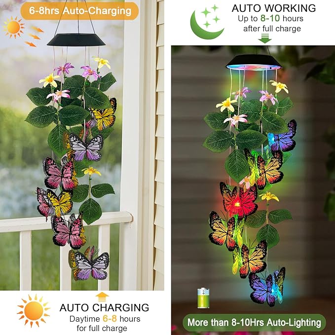 Solar Wind Chimes Outdoor,Colorful Butterfly with Color Changing LED Dangler Mobiles for Outside,Hanging Decoraition for Patio,Porch,Yard,Gifts for Women