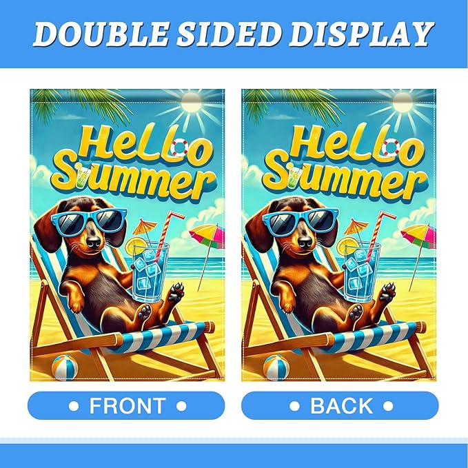 HOMETITUTE Hello Summer Garden Flag Dachshund Dog Flag 12x18 Inch Double Sided Summer Dachshund Garden Flag Sea Beach Seasonal Yard Flag for Outside Decoration Small Seasonal Decor for Farmhouse Holiday