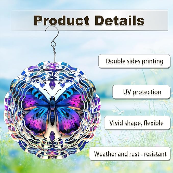 Butterfly Wind Spinners Outdoor, Hanging Wind Spinner for Garden Decoration, 8 inch 3D Stainless Steel Metal Wind Sculpture for Indoor/Outdoor Decor