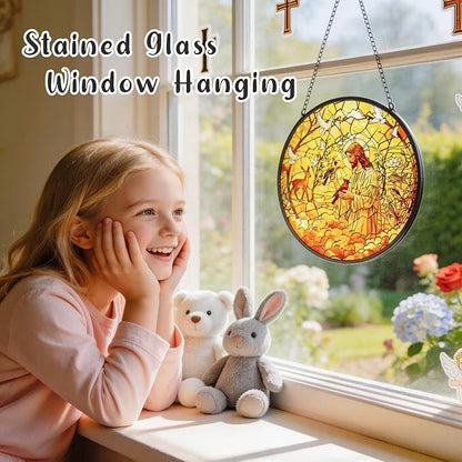 Stained Glass Window Hanging - Religious Easter Decorations with Priest & Red Bird Design - Christian Gifts, Sun Catchers Indoor Window, Catholic Wall Decor for Home, Church, Office