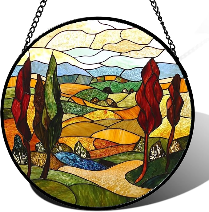 Stained Glass Window Hanging Fall Farm Mountain Landscape Large 11.8" - Orange Suncatcher Door Garden Sun Catcher Home Decor Birthday Christmas for Mom Men Woman Nana