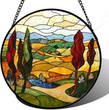 Stained Glass Window Hanging Fall Farm Mountain Landscape 9.8" - Orange Suncatcher Door Garden Sun Catcher Home Decor Birthday Christmas for Mom Men Woman Nana