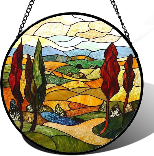 Stained Glass Window Hanging Fall Farm Mountain Landscape 7.8" - Orange Suncatcher Door Garden Sun Catcher Home Decor Birthday Christmas for Mom Men Woman Nana