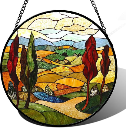 Stained Glass Window Hanging Fall Farm Mountain Landscape 6.3" - Orange Suncatcher Door Garden Sun Catcher Home Decor Birthday Christmas for Mom Men Woman Nana