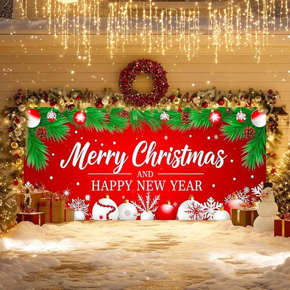 IVN Christmas Garage Door Cover Decoration 13x6ft Red Background Pine Needles White Baubles Snowflakes Merry Christmas Winter Garage Door Banner Home Door Front Yard Decor for Xmas Eve Holiday Outdoor