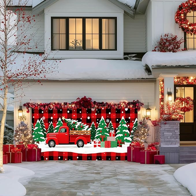 IVN Merry Christmas Garage Door 13x6ft Festive Backdrop Red Truck with Christmas Trees and Gifts Photo Prop Background for Holiday Yard Door Cover Outdoor Winter Scene