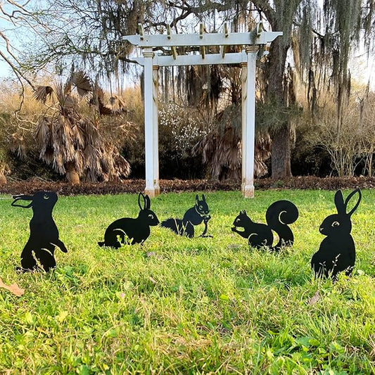 RealSteel Metal Garden Animal Sculptures & Statues – Bunny & Squirrel Yard Art Stake Pack – Outdoor Lawn & Flowerbed Decor – Weather-Resistant Steel Garden Decorations – Gift for Gardeners – Black
