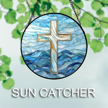 Christian Gifts for Women - Blue Cross Stained Glass Window Hanging Jesus Easter Ocean Waves Sun Catcher Garden Religion Decor Mother's Day Catholic Gift for Men Grandma Mom Her Nana 7.8"