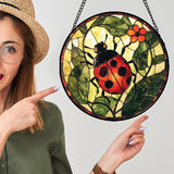 Stained Glass Window Hanging - Red Ladybug Green Plant Flower Sun Catcher for Door Home Decor Insect Suncatcher Christmas Mother's Day Birthday Gifts for Women Men Mom Nana 7.8 in