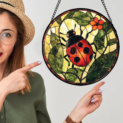 Stained Glass Window Hanging - Red Ladybug Green Plant Flower Sun Catcher for Door Home Decor Insect Suncatcher Christmas Mother's Day Birthday Gifts for Women Men Mom Nana 6.3 in