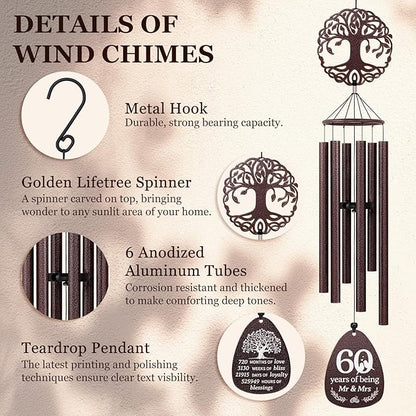 SteadStyle 60th Anniversary Wind Chime, Happy 60th Jubilee Gifts for Parents, Husband, Wife, Couples, Friends - Diamond Anniversary Keepsake Tree of Life Wind Chime Large Size 37 in Garden Patio Decor