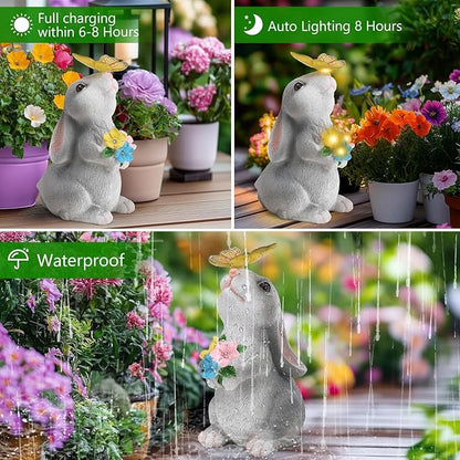 Solar Garden Decor Bunny with Flowers Statues Outdoor, Outdoor Figurine Statue Lights, Outdoor Garden Yard Lawn Patio Decoration, Unique House Warming Birthday Present for Women Family
