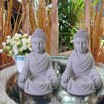 Kante 6.5" H Set of 2 Cement Composite Sitting Buddha Statues Ornament, Natural Concrete Indoor/Outdoor Tabletop Décor
