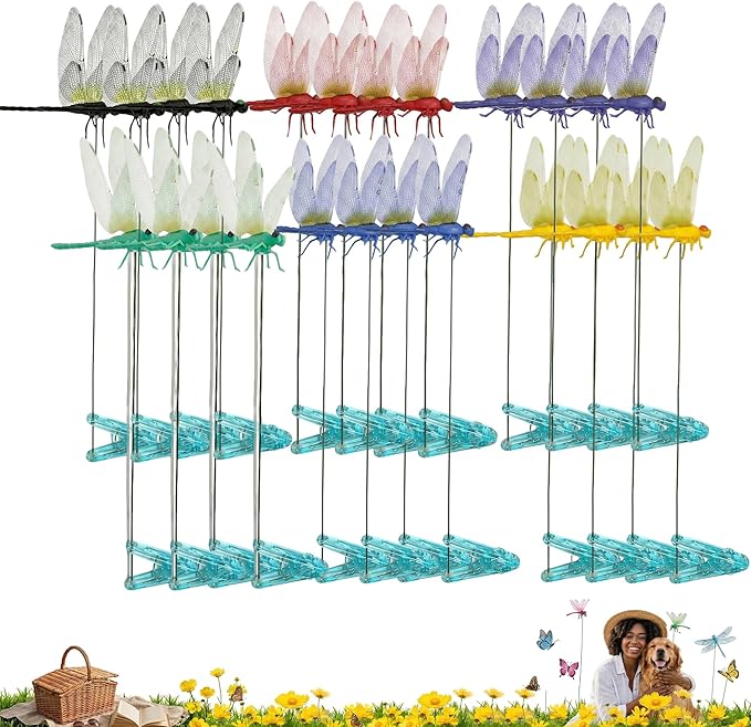 Jongdari Dragonfly Hat Clip Realistic Fake Dragonflies Clip-On Garden Outdoor Decor Stakes Plastic Dragon Fly Clips Plant Decorations for Pot (6 Colors, 24pcs)