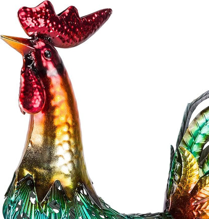 Alpine Corporation 16" Tall Outdoor Metal Standing Rooster Statue with Vibrant Design, Garden Decor, Metallic Red