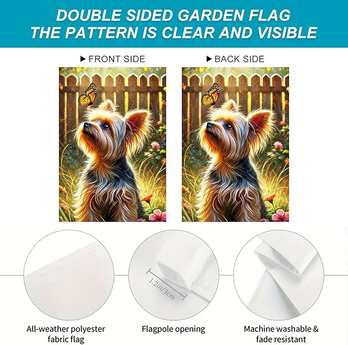 BlissYard Spring Summer Garden Flag 12x18 Inch Dog Flag Double Sided Yorkshire Terrier Butterfly Garden Flags Outdoor Yard Lawn Porch Patio Decor Banner for Pet Lovers