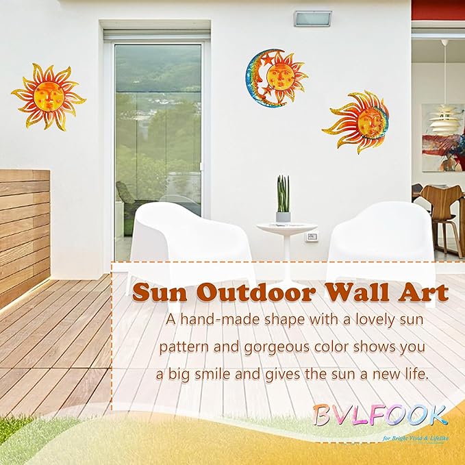 Metal Sun Wall Art Decor,12 Inch Retro Hanging Decor With Glass,Sun Moon Star Valentine Wall Decorations For Patio Yard Garden Fence Living Room Bedroom, Set of 3