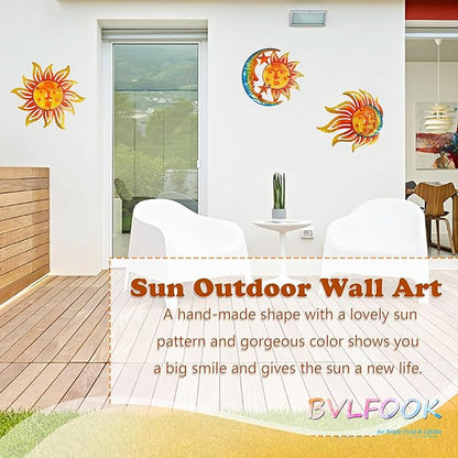 Metal Sun Wall Art Decor,12 Inch Retro Hanging Decor With Glass,Sun Moon Star Valentine Wall Decorations For Patio Yard Garden Fence Living Room Bedroom, Set of 3