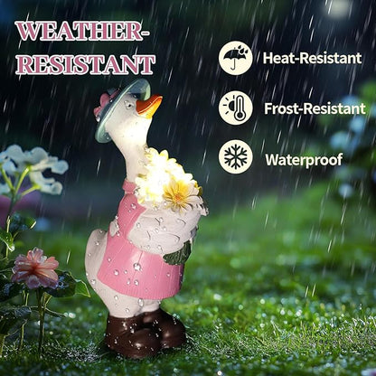 Solar Porch Goose Garden Statue with Glowing Flower, 11.5" Solar Duck Garden Decor for Outdoor, Waterproof Animal Figurine with Auto Light for Yard Lawn Patio - Unique Gift for Mom Grandma Women