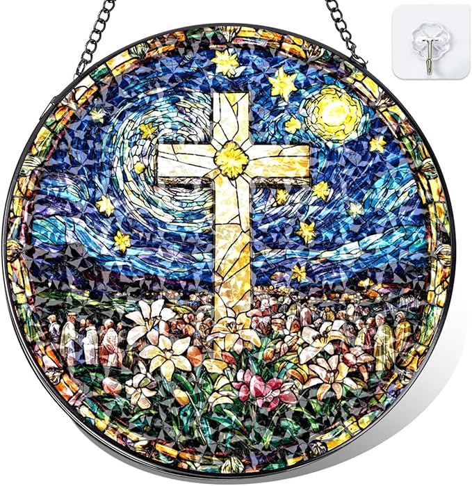 Christian Cross Stained Glass Hanging, 8 Inch Sun Catcher Outdoor Window Decor Religious Floral Glass Ornament with Chain for Easter Christmas Home, Mother's Day Christian Gifts