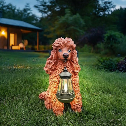 Poodle Garden Statue with Solar Lantern, Realistic Dog Sculpture, Birthday Gift for Women Mom Grandma, Housewarming Gift for New Home, Outdoor Resin Puppy Decor,Brown