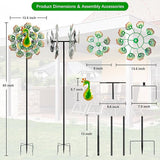 Outdoor Peacock Wind Spinners Featuring Glittering Gem Decor, 13.5" D x 65" H Kinetic Wind Sculptures, 360° Rotatable Metal Garden Wind Spinners for Yard and Outdoor Decor (Green)