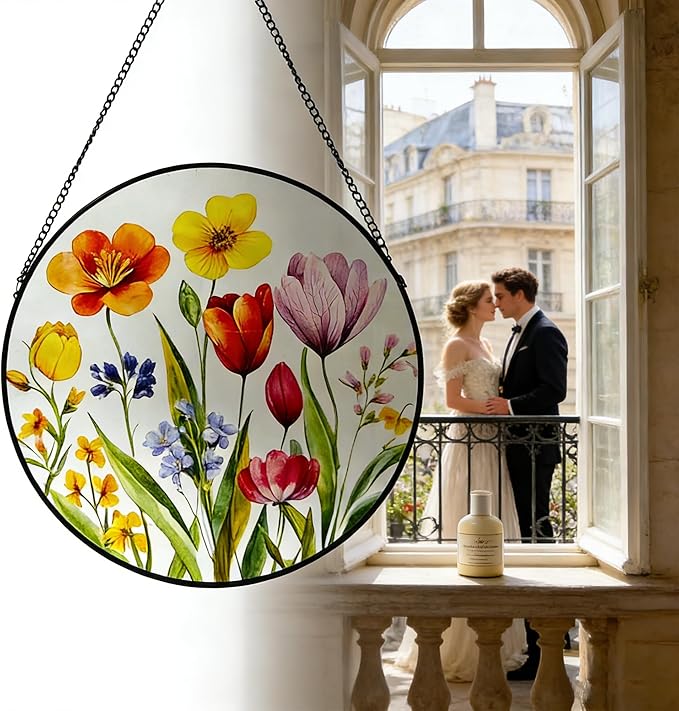 Tulip & Blossom Stained Glass Suncatcher, 9.8 Inch Stained Glass Window Hanging Watercolor Spring Flower Suncatcher for Indoor Outdoor Gifts for Mom, Women, Grandma, Wife