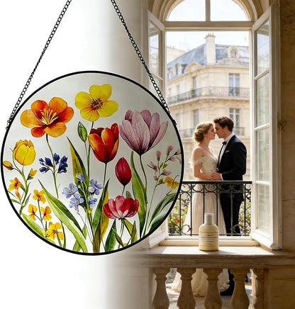 Tulip & Blossom Stained Glass Suncatcher, 9.8 Inch Stained Glass Window Hanging Watercolor Spring Flower Suncatcher for Indoor Outdoor Gifts for Mom, Women, Grandma, Wife