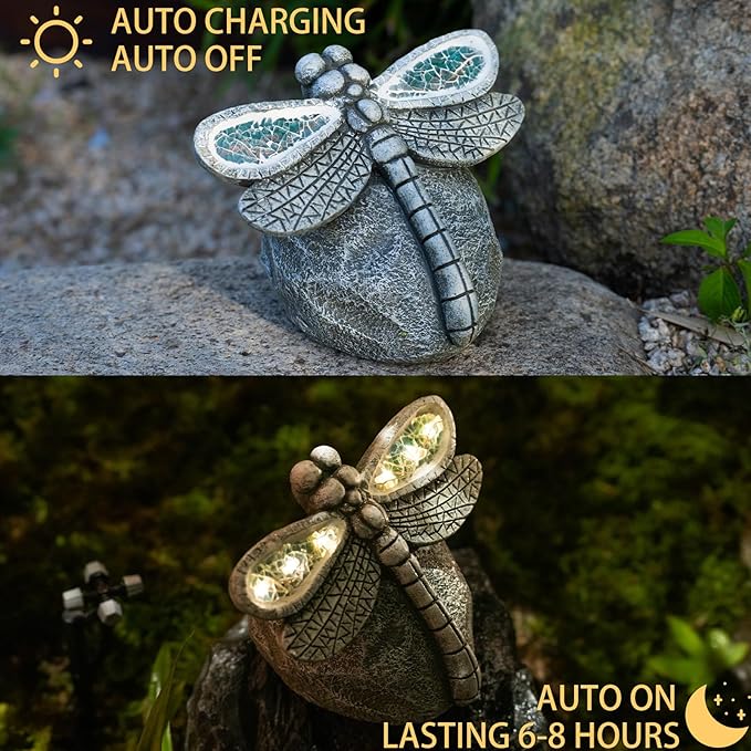 Rezpuao Garden Statue Dragonfly,Solar Dragonfly Decor for Outdoor,Resin Dragonflies Figurine with Solar Light for Patio,Balcony,Yard,Lawn Ornament,Perfect Garden Gift
