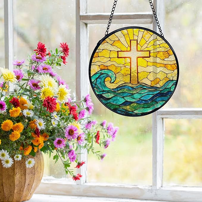 Easter Coastal Christian Cross Suncatchers Stained Glass Window Hanging, Ocean Beach Cross Sun Catchers Indoor Window Glass Round Wall Decor, Christian Wall Hanging Decorations, 7.9x7.9in